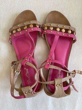 West Diva fushia and tan sandals with metallic gold details size 9.